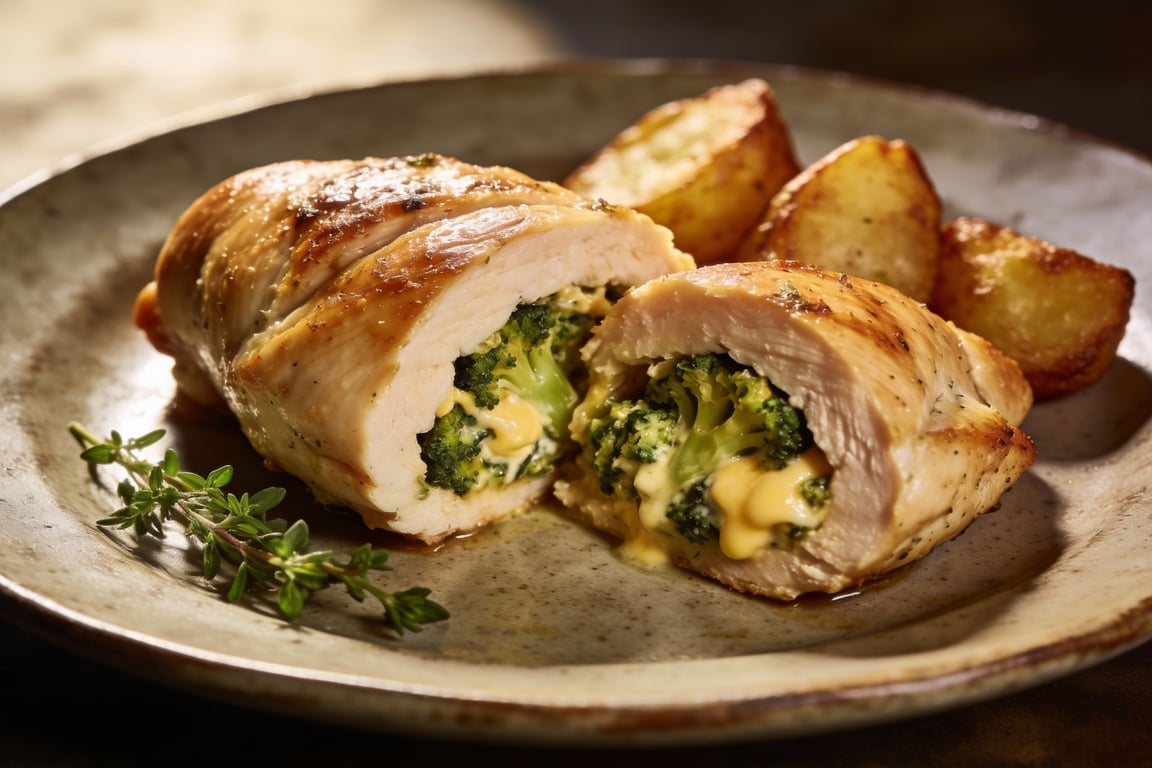 Raw cubed potatoes and stuffed chicken on a sheet pan