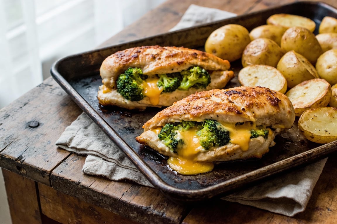 Sheet Pan Broccoli and Cheddar Stuffed Chicken