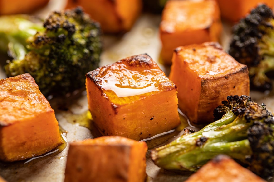 Healthy sheet pan roasted vegetables for quinoa meal prep bowls