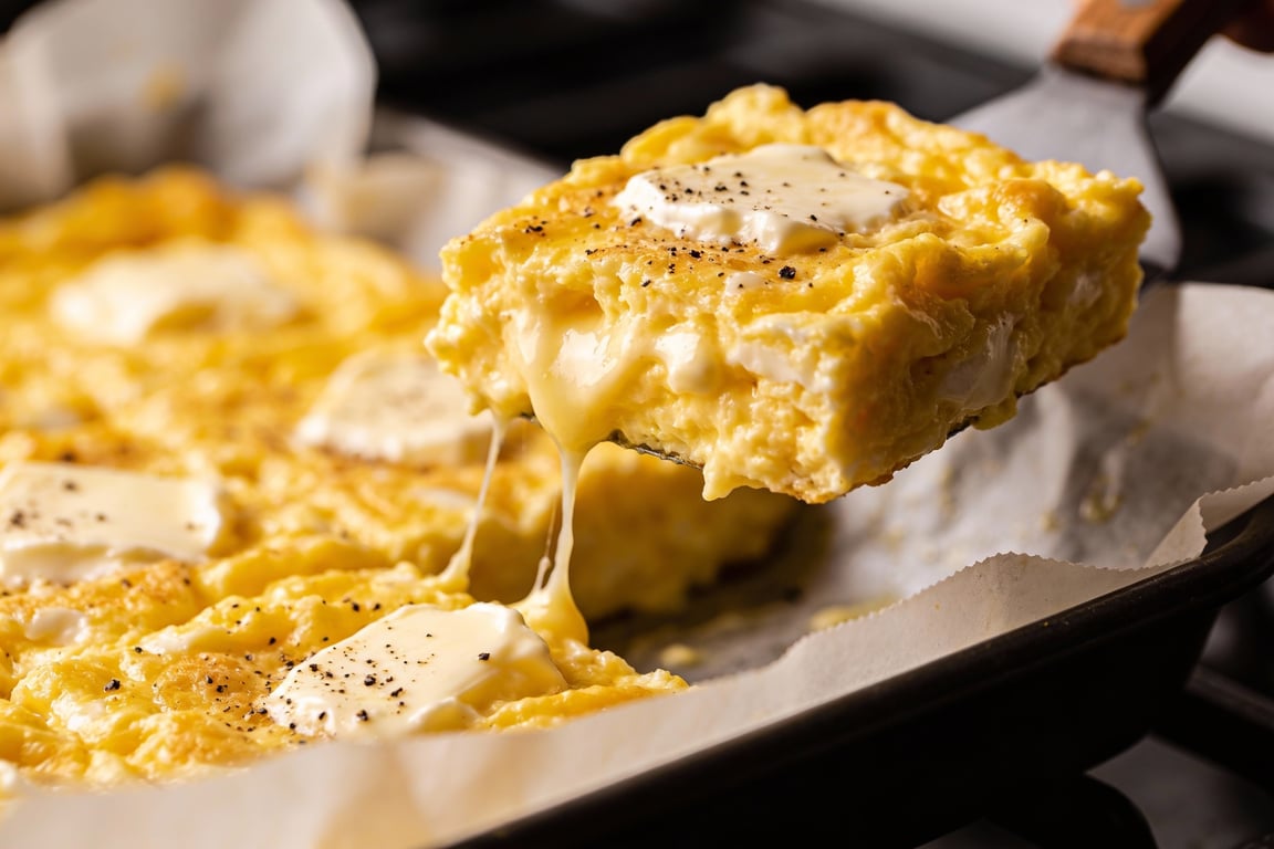 Dividing oven baked scrambled eggs into zones on a half-sheet pan