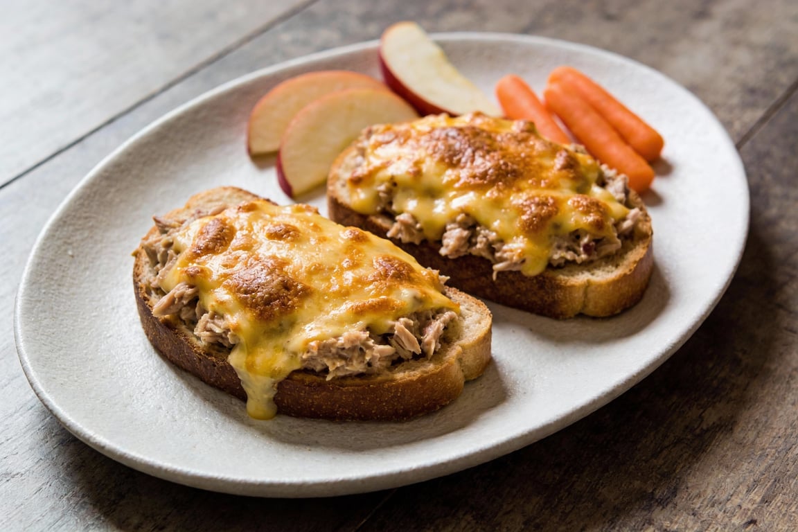 A 20 minute family meal of sheet pan tuna melts ready to serve