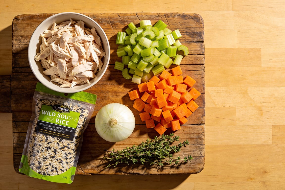 Ingredients for slow cooker chicken and wild rice soup