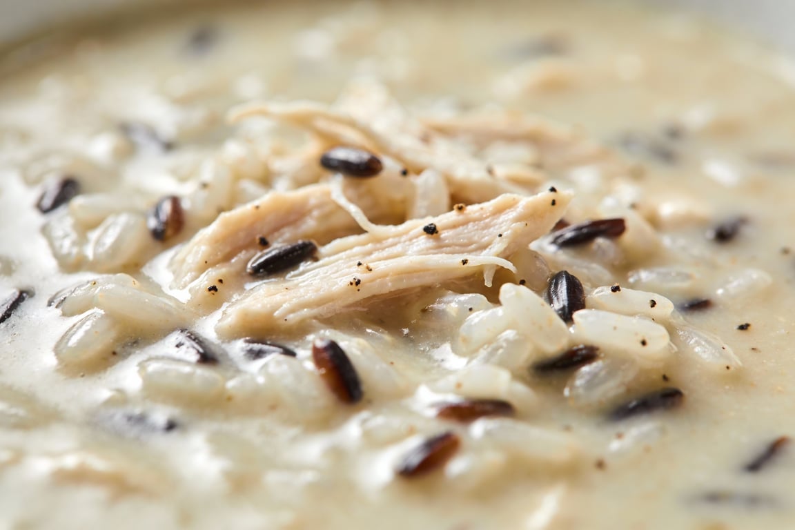 Family-friendly crockpot chicken wild rice soup detail