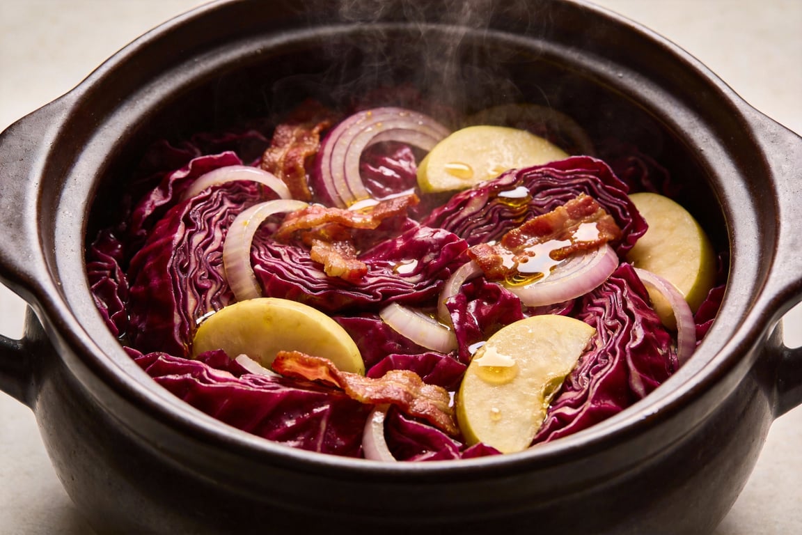 A warm bowl of Slow Cooker Red Cabbage served as a Sunday dinner side
