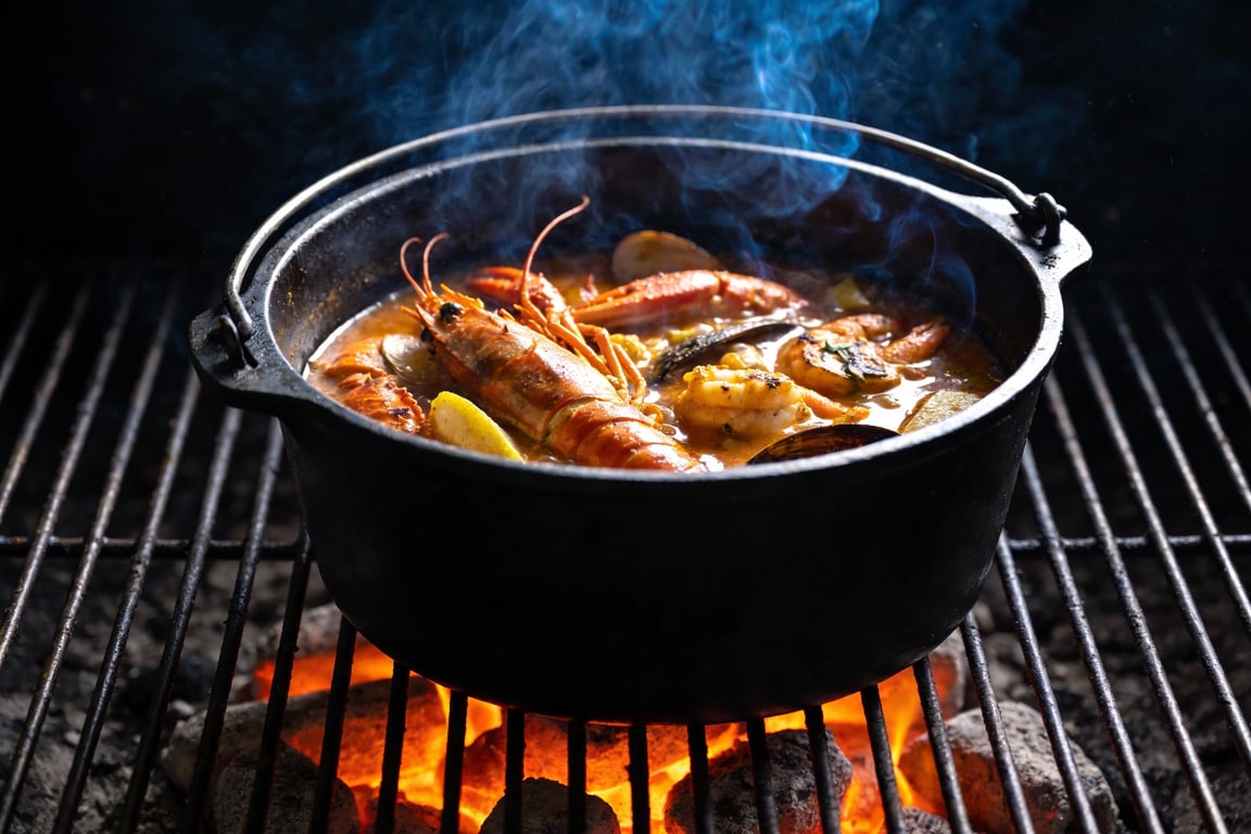 Final Smoked Seafood Bouillabaisse served with grilled bread