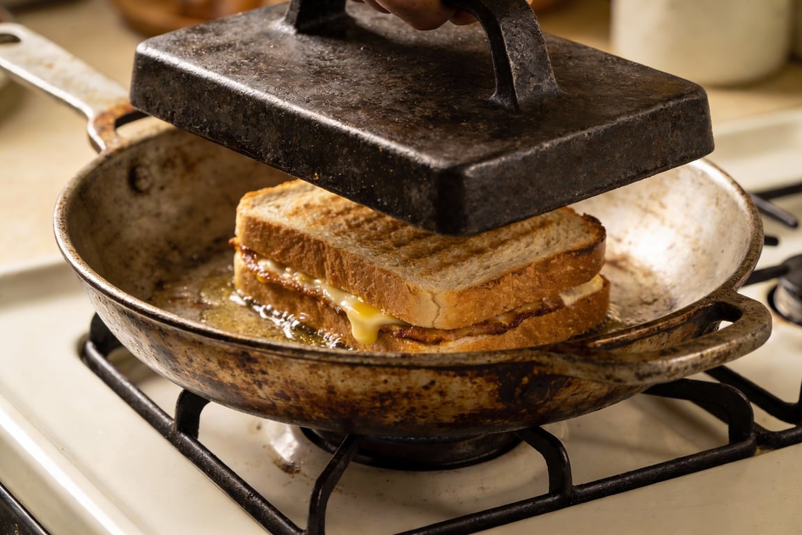 Cooking the smoky tuna sandwich in a cast iron skillet