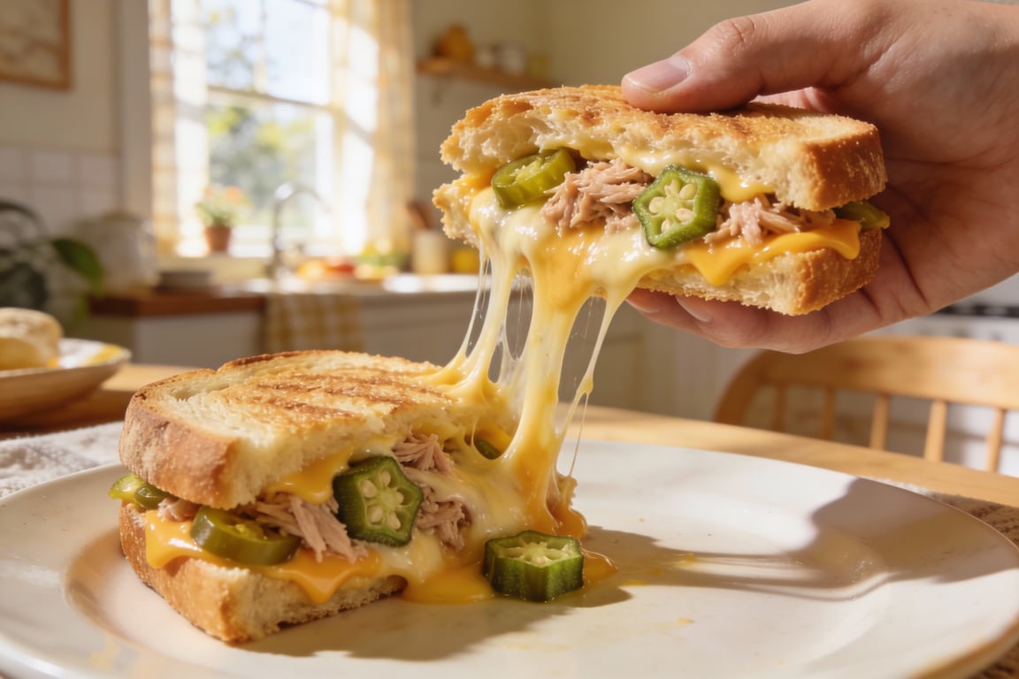 Sliced smoky cast iron tuna melt ready to serve