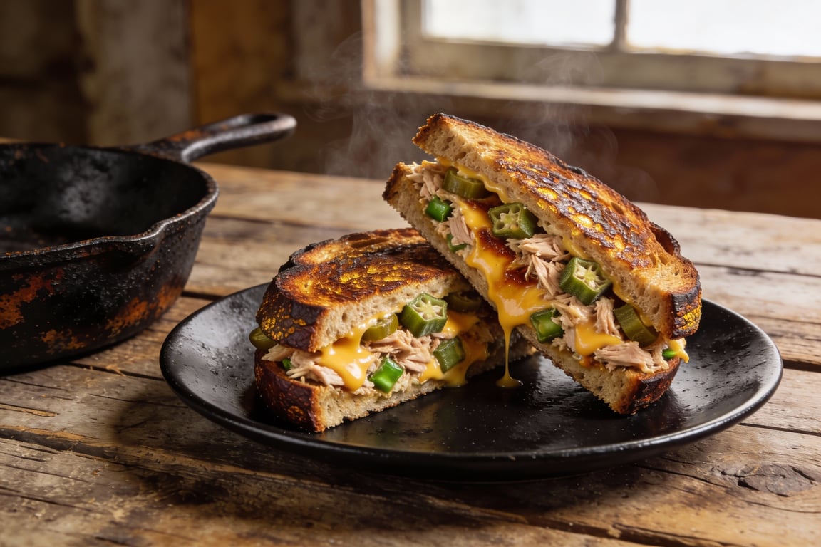 Smoky Cast Iron Tuna Melt with Pickled Okra