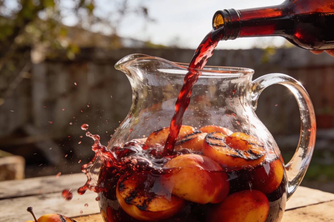 Chilling the Smoky Grilled Peach Sangria in a glass pitcher