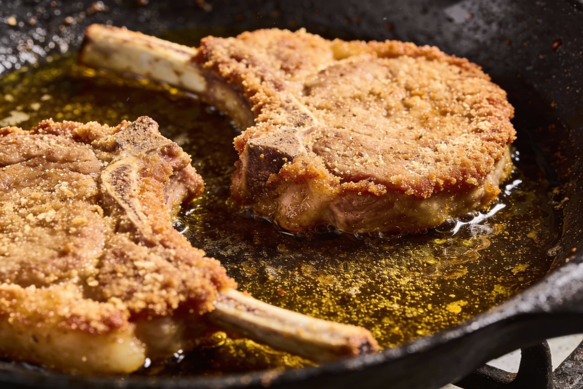 Golden brown Southern-Fried Veal Chops resting on a wire rack