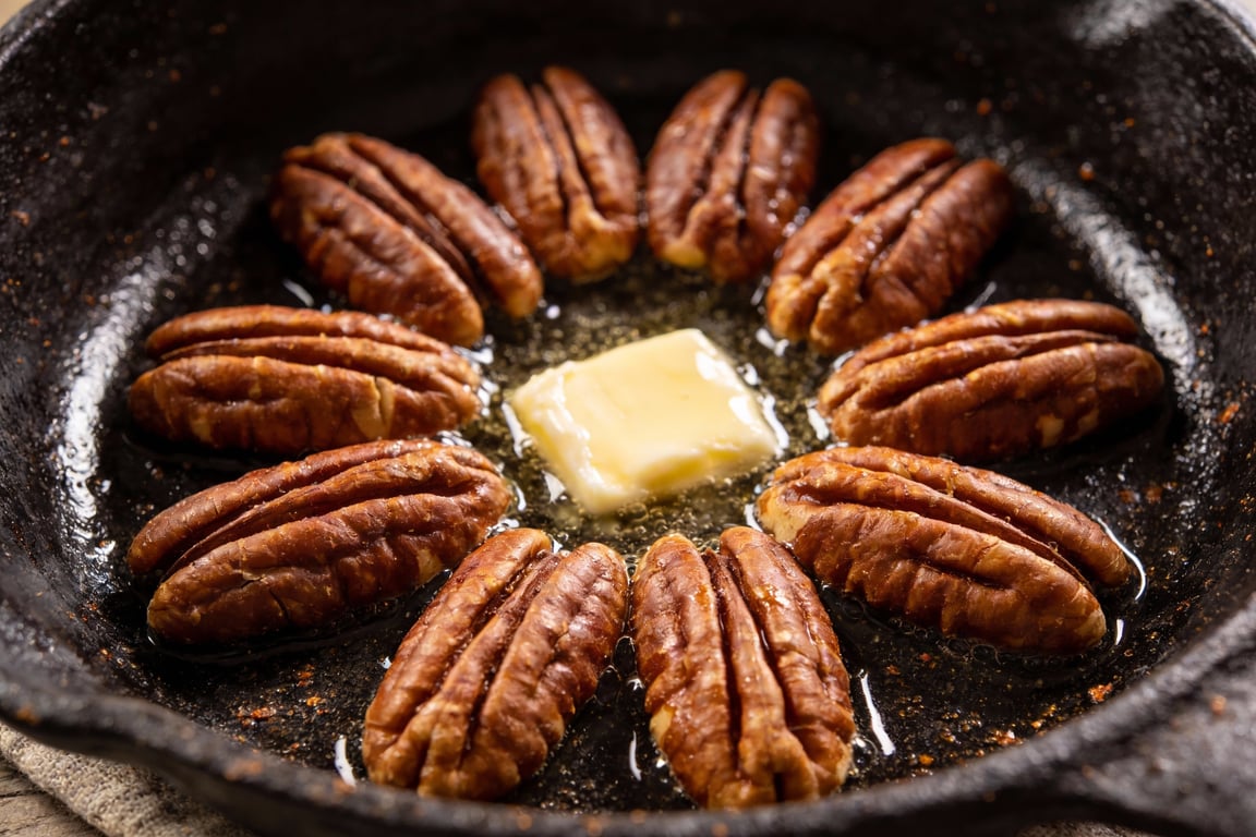 Toasting mammoth pecans in a cast-iron skillet for a Southern Praline Frappé
