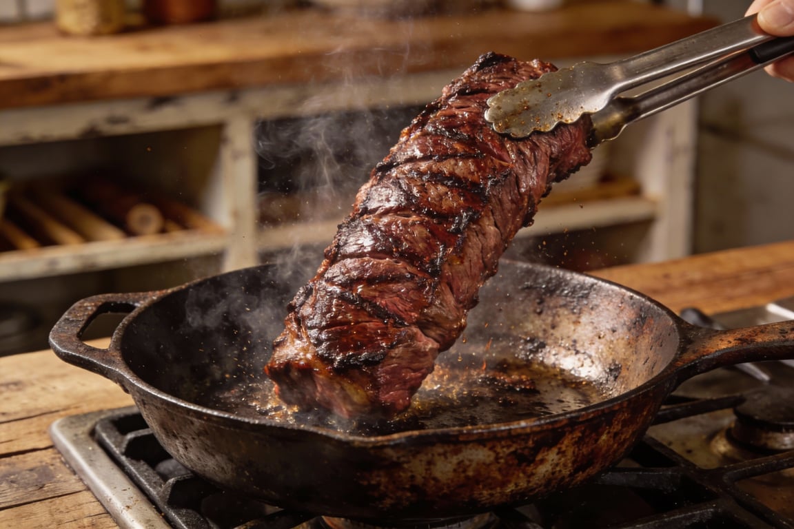 Searing the beef for Southern Beef Wellington