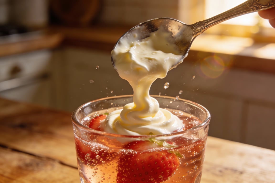 Assembling the Sparkling Strawberry Cheesecake Mocktail with cheesecake cream