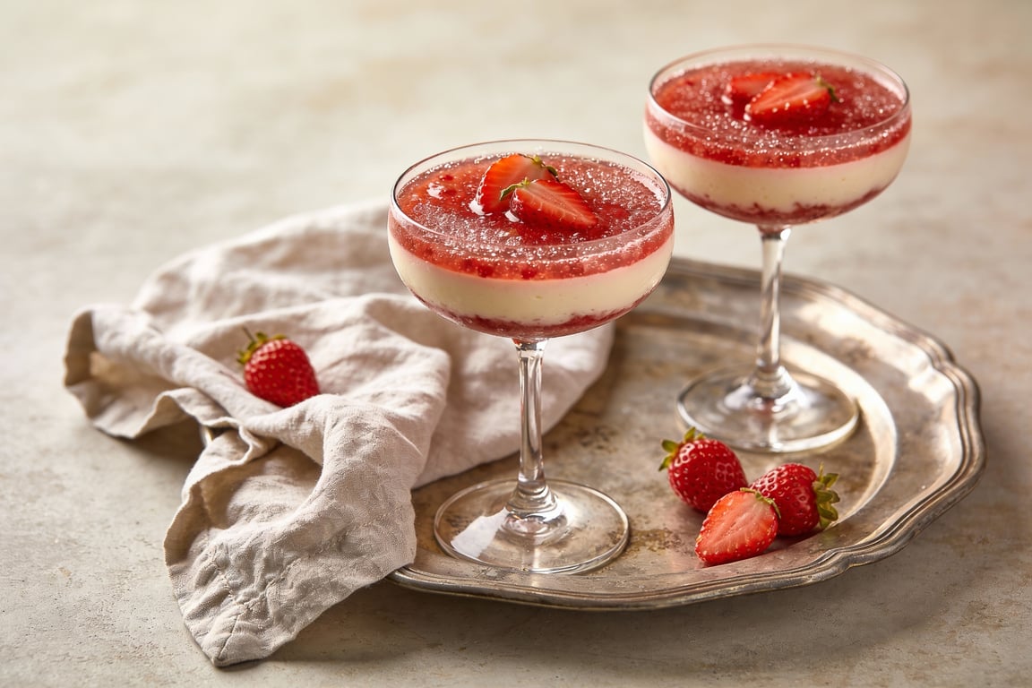 The final Sparkling Strawberry Cheesecake Mocktail served with a graham cracker rim