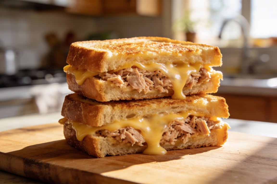 A golden brown 99 cent tuna melt sliced on a diagonal