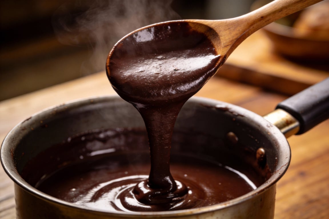 Melting stone-ground Mexican chocolate for the ice cream base