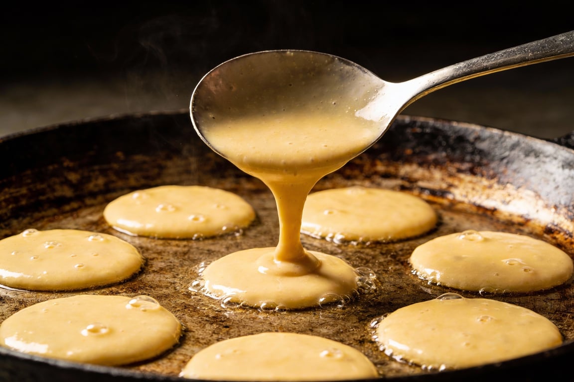 Batter being dropped to make Nan's pancake recipe