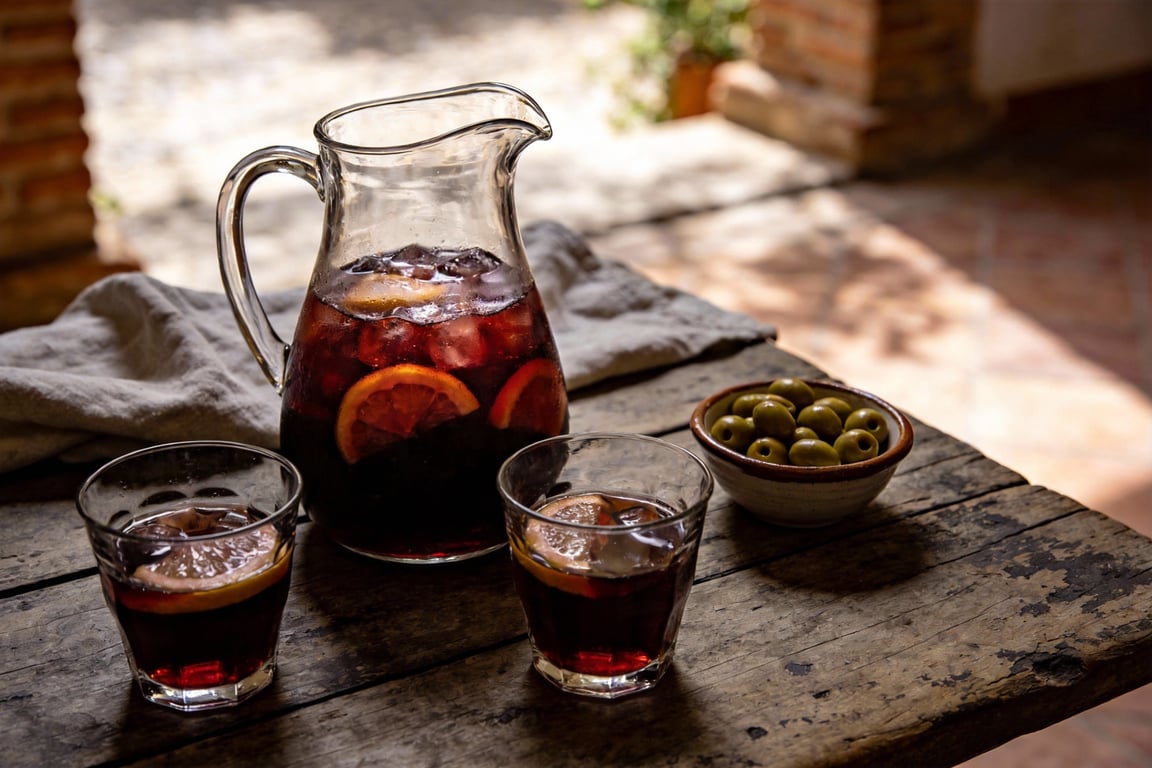 Glass of finished Traditional Spanish Sangría with fruit garnish