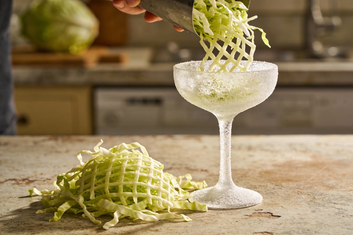 Finely shredded iceberg lettuce for a retro dinner party appetizer