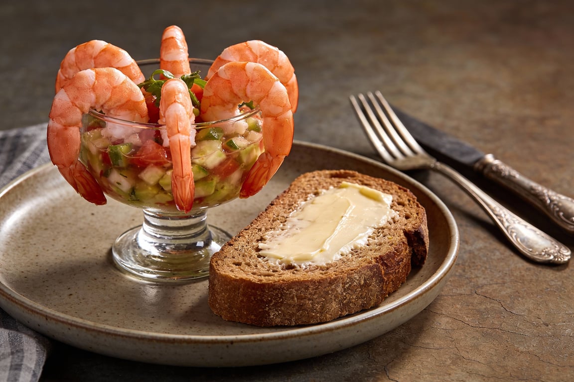 Finished 1970s prawn cocktail served in a frosted glass