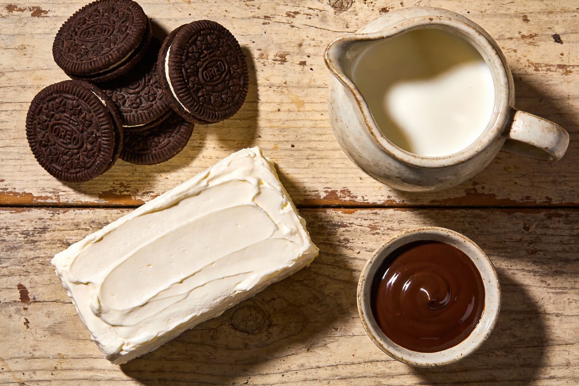Oreo Cheesecake Frappé ingredients ready for blending