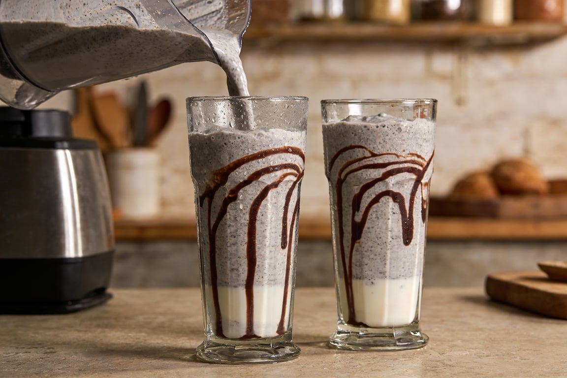 Homemade Oreo Frappuccino with whipped cream and chocolate drizzle