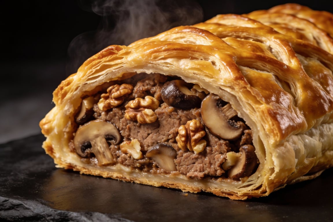 Sliced vegan mushroom walnut wellington showing the meaty texture