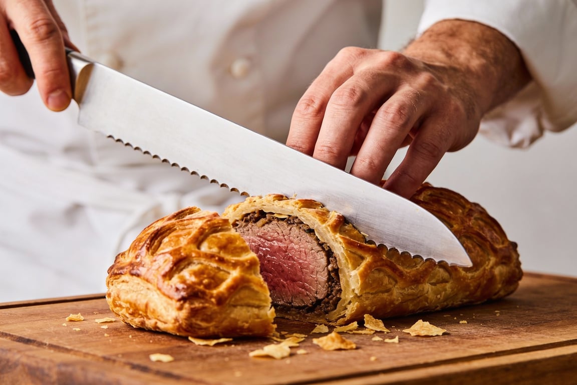A golden mushroom lentil wellington fresh from the oven and ready to slice