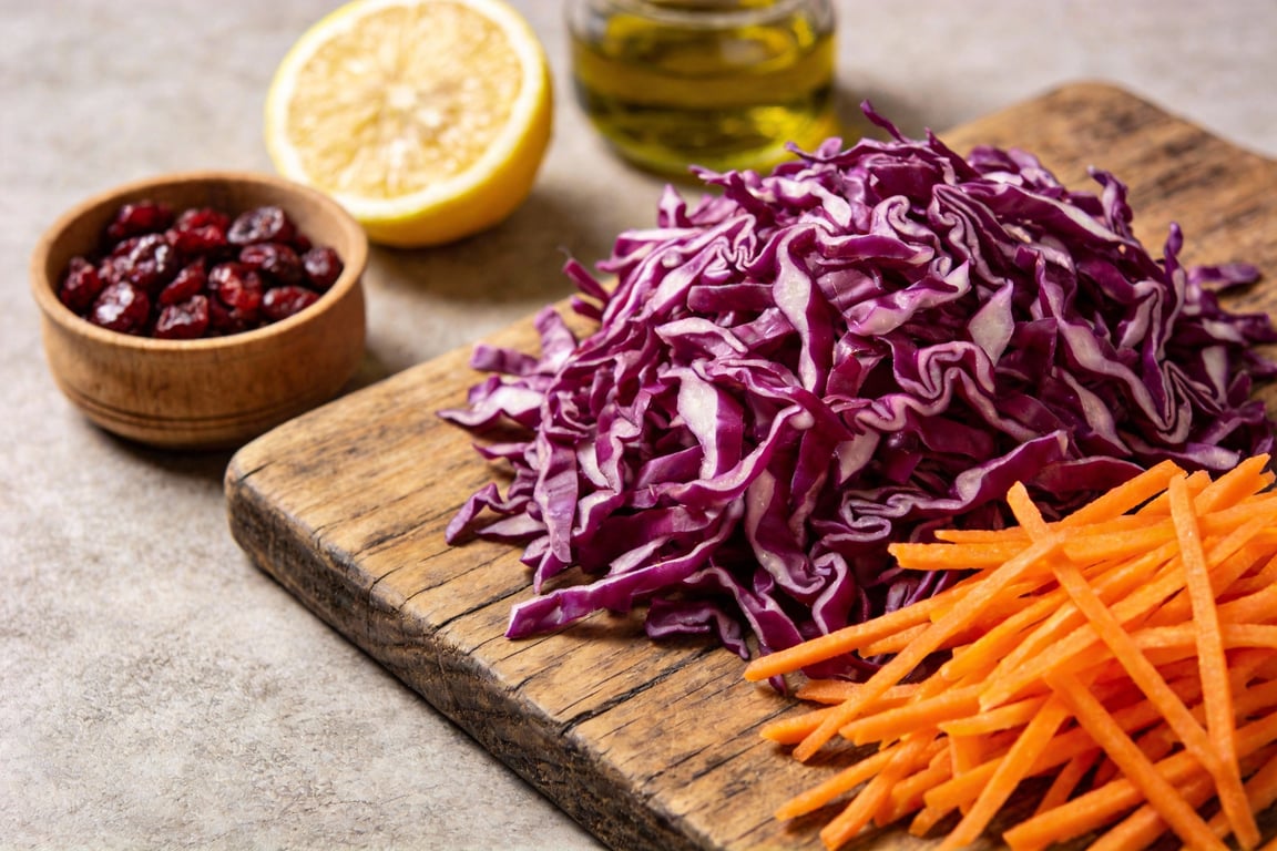 Massaging kale and cabbage for a quinoa salad that doesn't get soggy