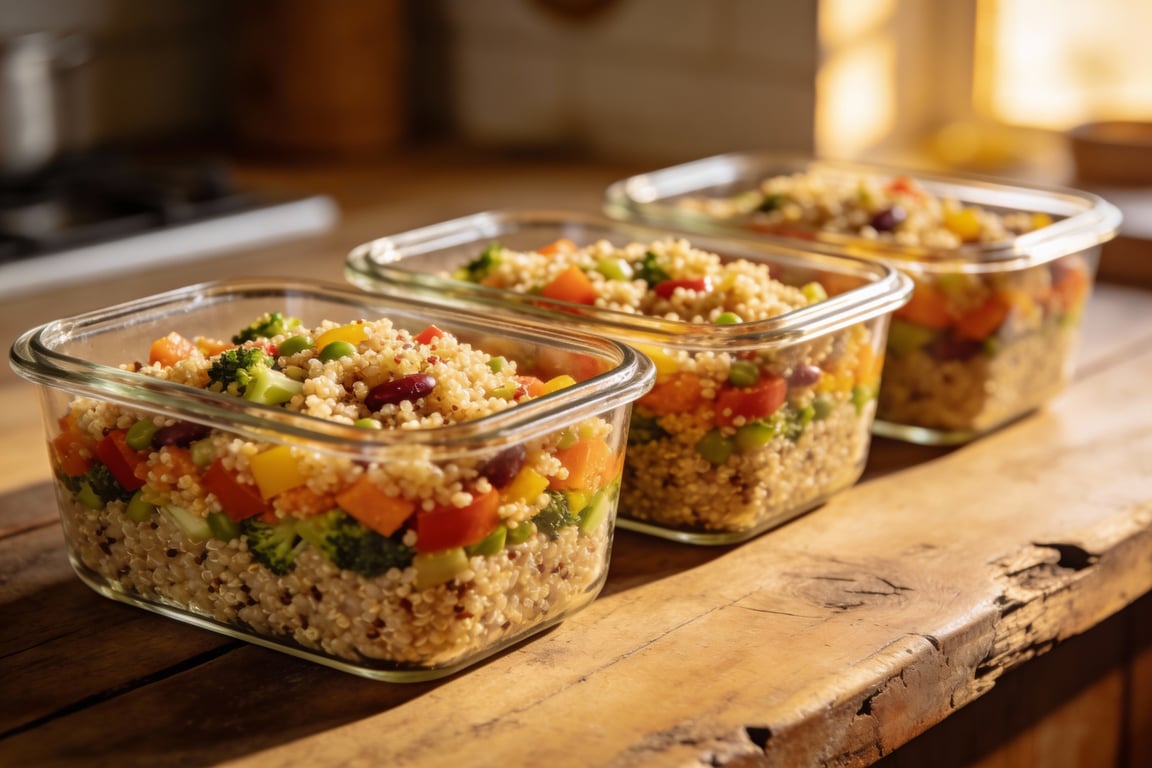 Fluff-dry technique for Sunday meal prep quinoa salad on a baking sheet