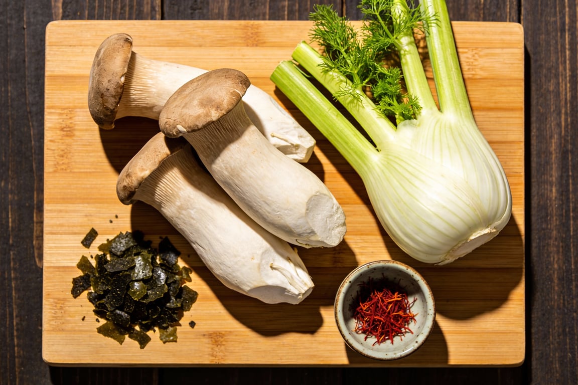 Searing king oyster mushroom scallops to a golden brown for the vegan bouillabaisse