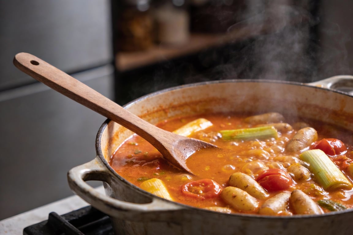 Final serving of saffron vegetable stew with hearts of palm fish substitute