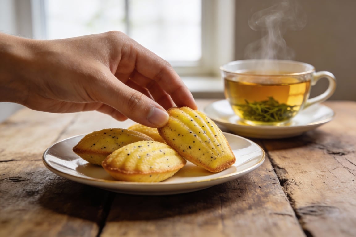 Close up of the scalloped ridges of vegan lemon poppy seed madeleines