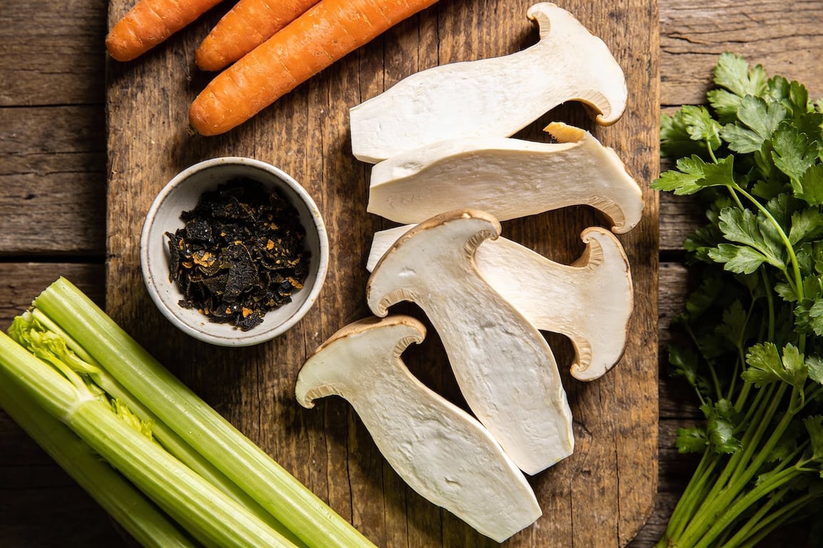 Searing king oyster mushrooms for plant-based seafood alternative