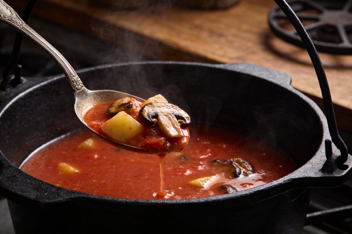 Simmering healthy vegan chowder with dulse flakes