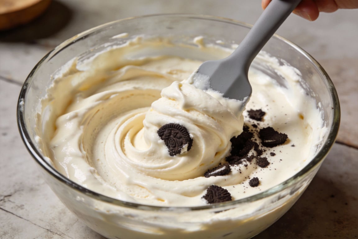 Folding the cream for a smooth, viral ice cream recipe finish