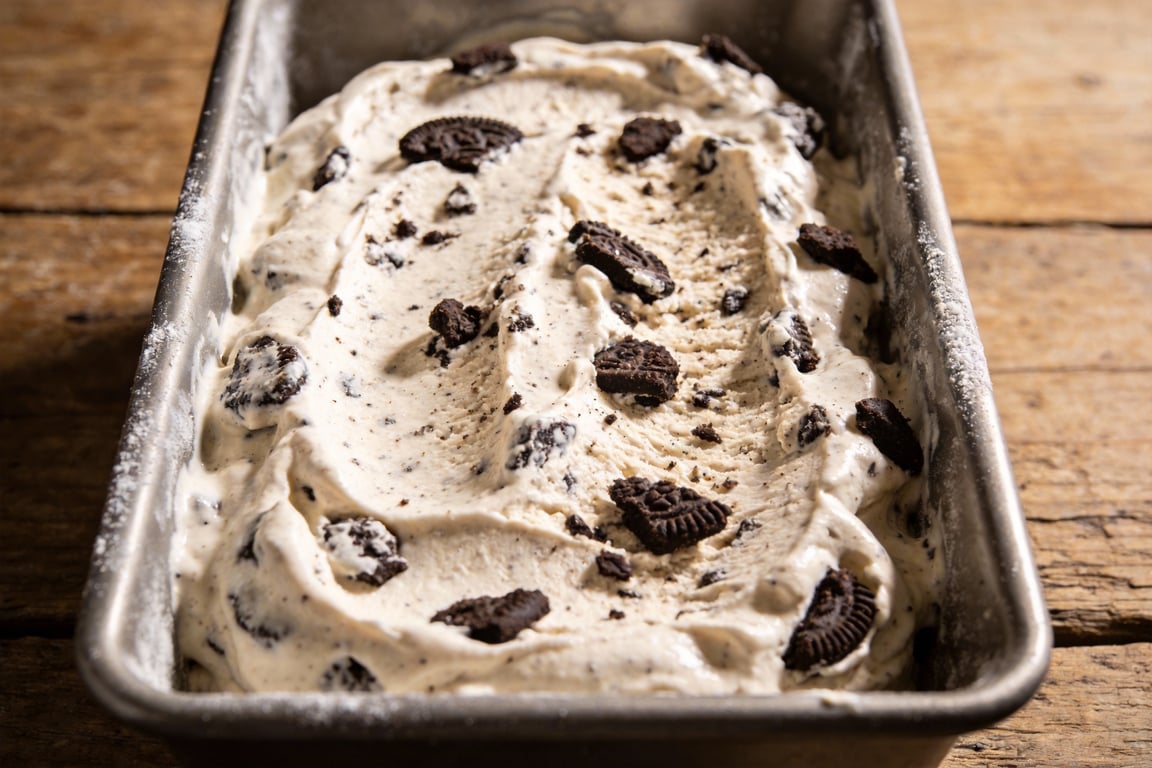 Adding chunky cookies to the no-churn Oreo cheesecake ice cream