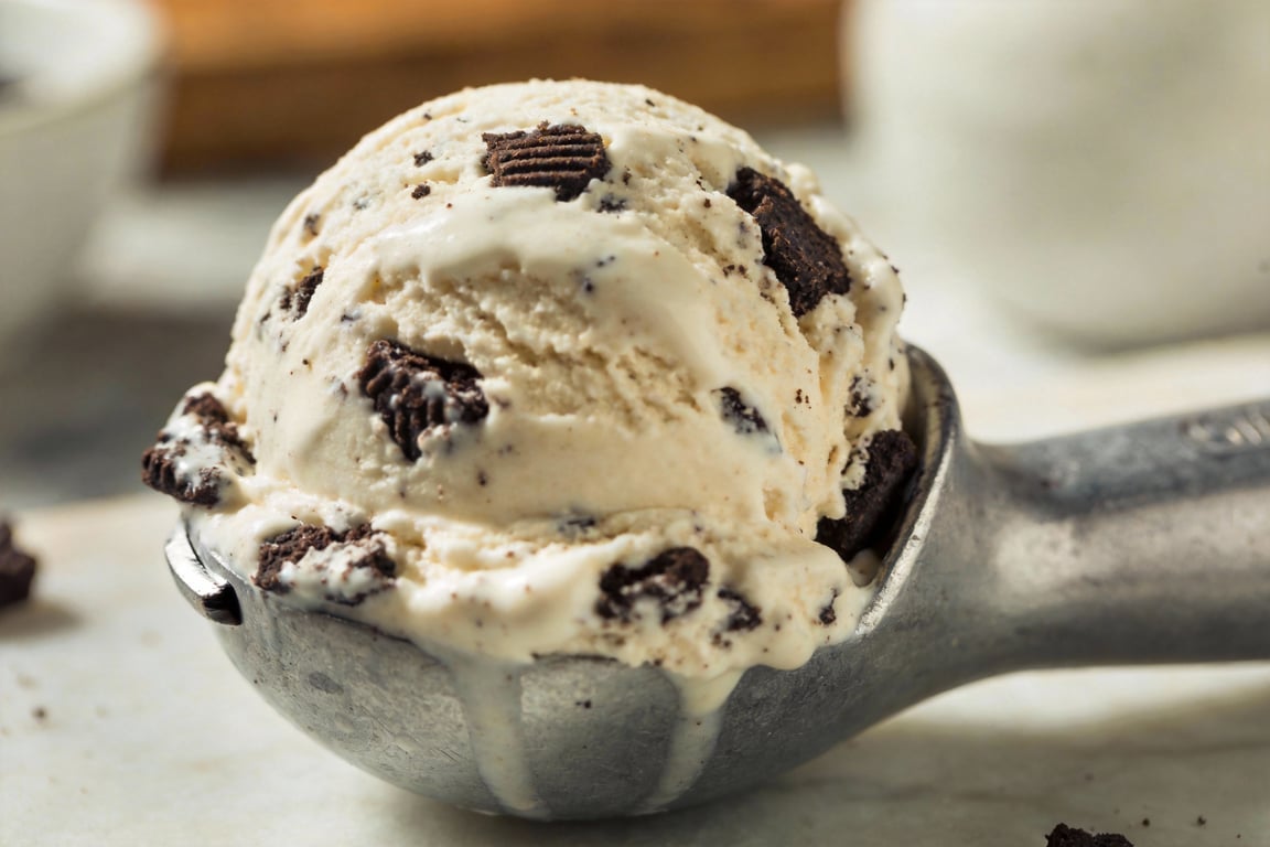 The finished viral no-churn Oreo cheesecake ice cream ready to serve