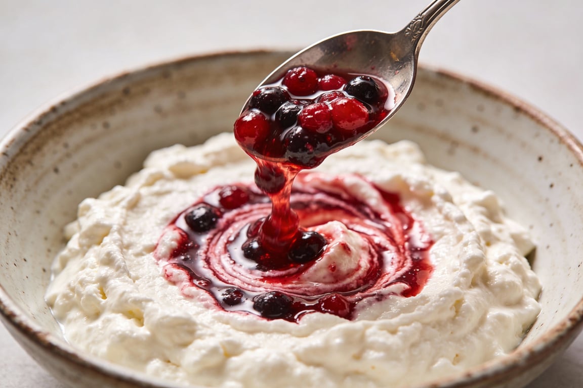 Healthy dessert for breakfast lemon berry protein bowl topped with graham crackers