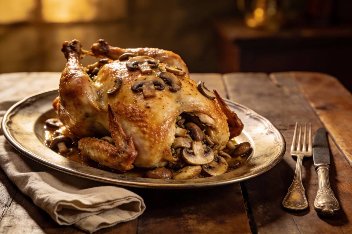 Perfectly cooked stuffed roast chicken with gravy on a platter