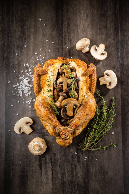 Wild Mushroom and Thyme Stuffed Roast Chicken with Gravy