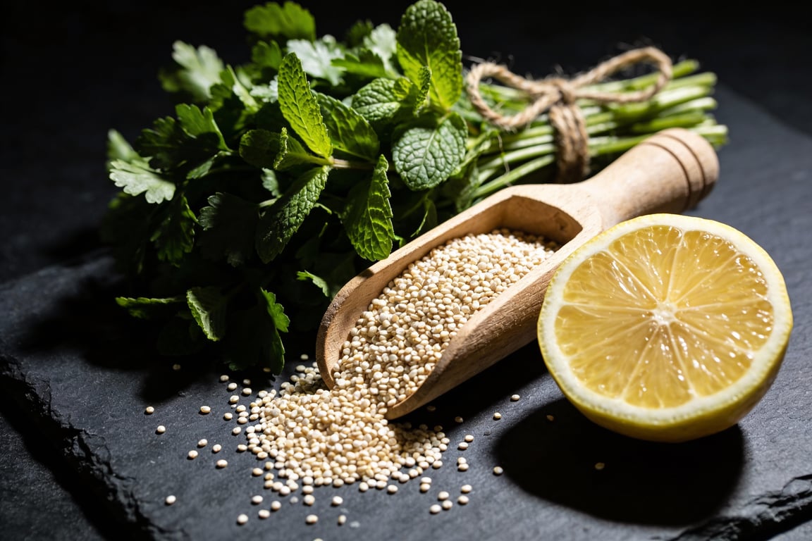 Fresh citrus mint quinoa salad ingredients