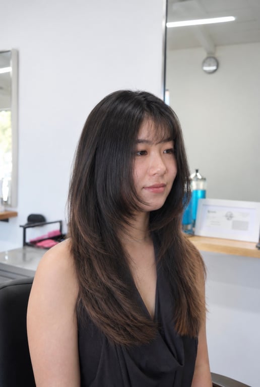 Long layered haircut with soft, natural movement.