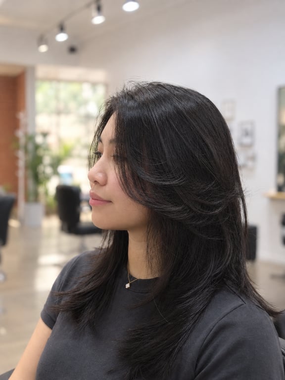 Long layered haircut with soft waves and natural shine.