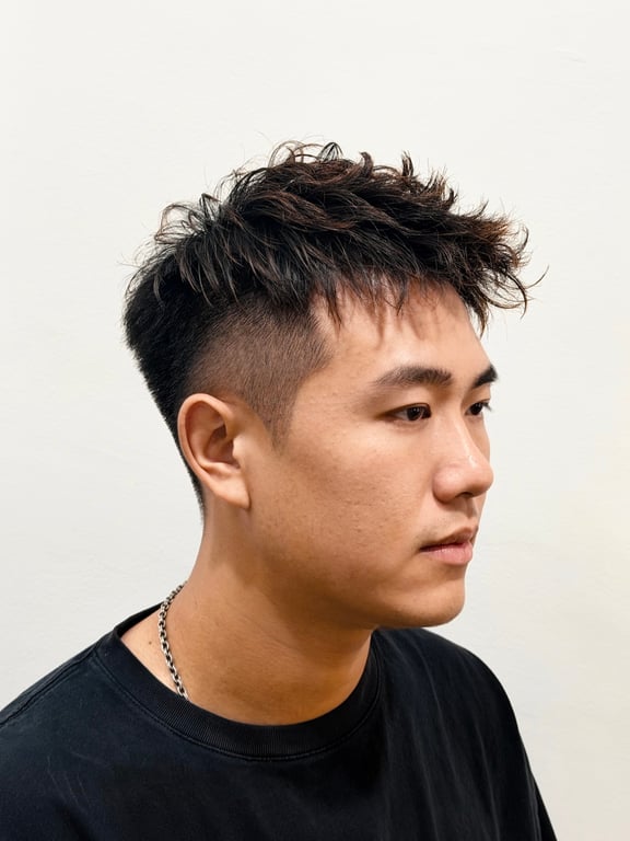 Textured hairstyle with a clean fade and defined layers.