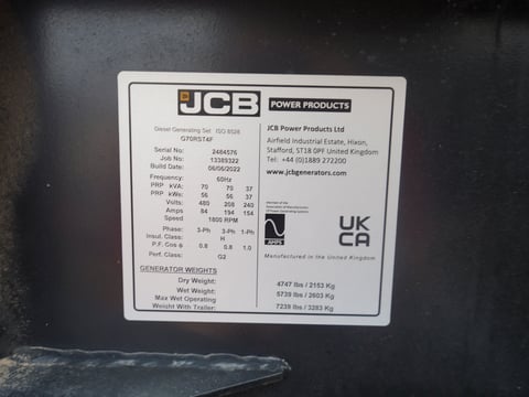 2022 JCB G70RST4F 70KVA Towable Diesel Generator — photo 7