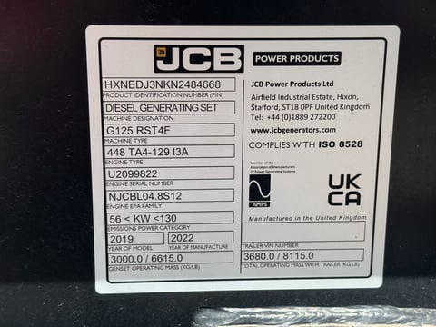 2022 JCB G125RST4F 125 KVA Diesel Towable Generator — photo 9