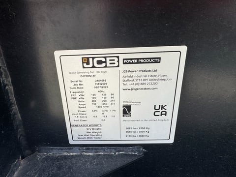 2022 JCB G125RST4F 125 KVA Diesel Towable Generator — photo 7