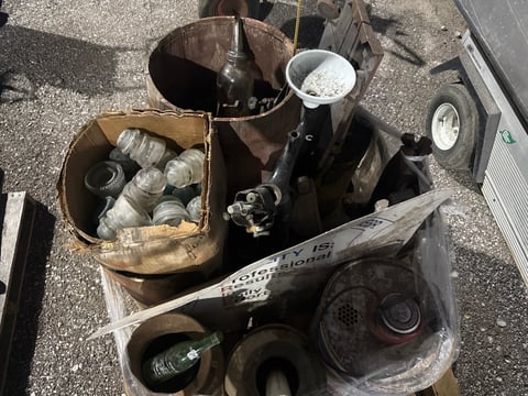 Pallet of Antiques — Wooden Barrels, Oil Cans, Glass Insulators and Cast Iron — photo 4