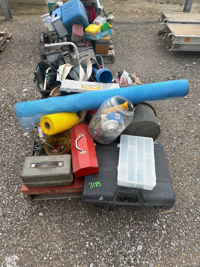 Pallet of Tools, Fiberglass Mesh and Toolboxes